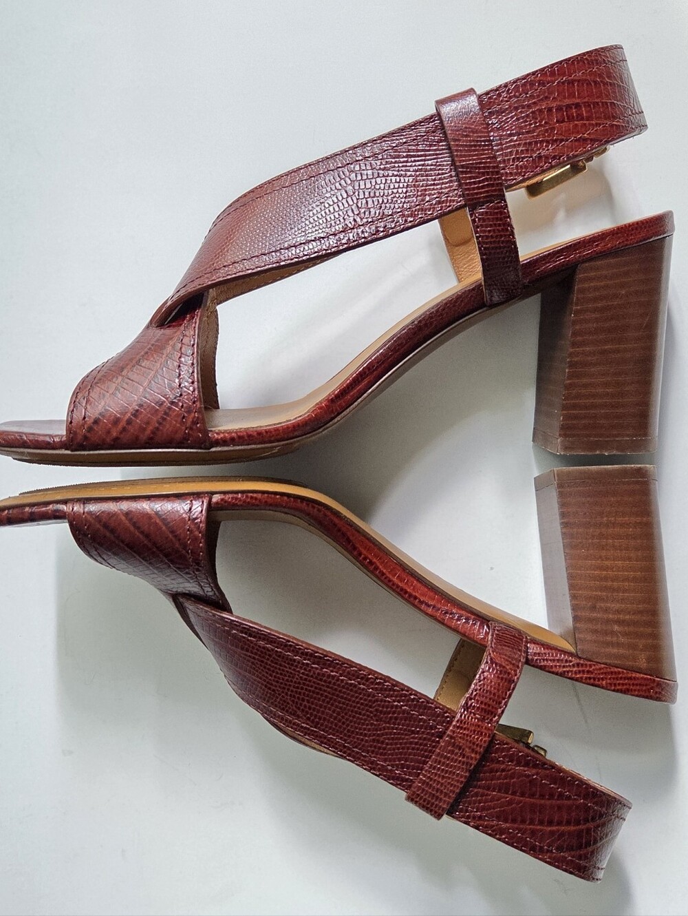 Sézane | Sacha Burgundy Croc-Embossed Leather Block Heel Sandals - Picture 10 of 15